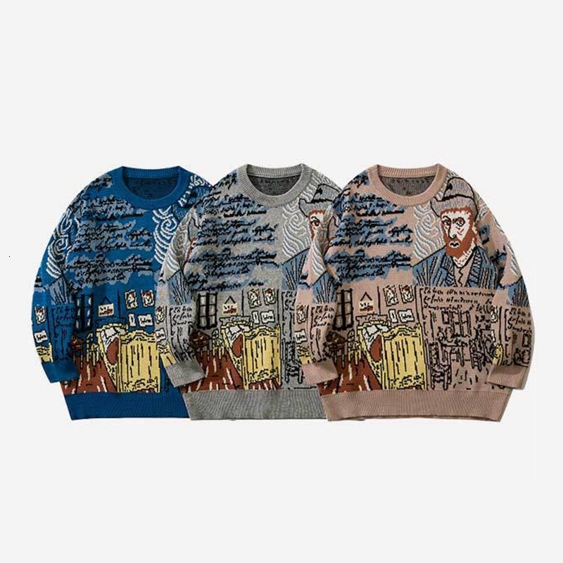 Men's Sweaters High Street Knitted Sweater Men Van Gogh Graffiti Print Cotton Harajuku Loose Padded Pullover Women Streetwear Autumn 230222