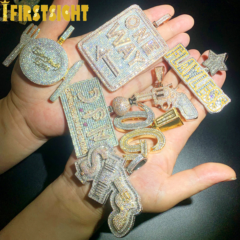 Pendant Necklaces Iced Out Bling CZ Letter Badge Necklace Cubic Zirconia Gold Plated Lettes Money Charm Men Fashion Hip Hop Jewelry 230223