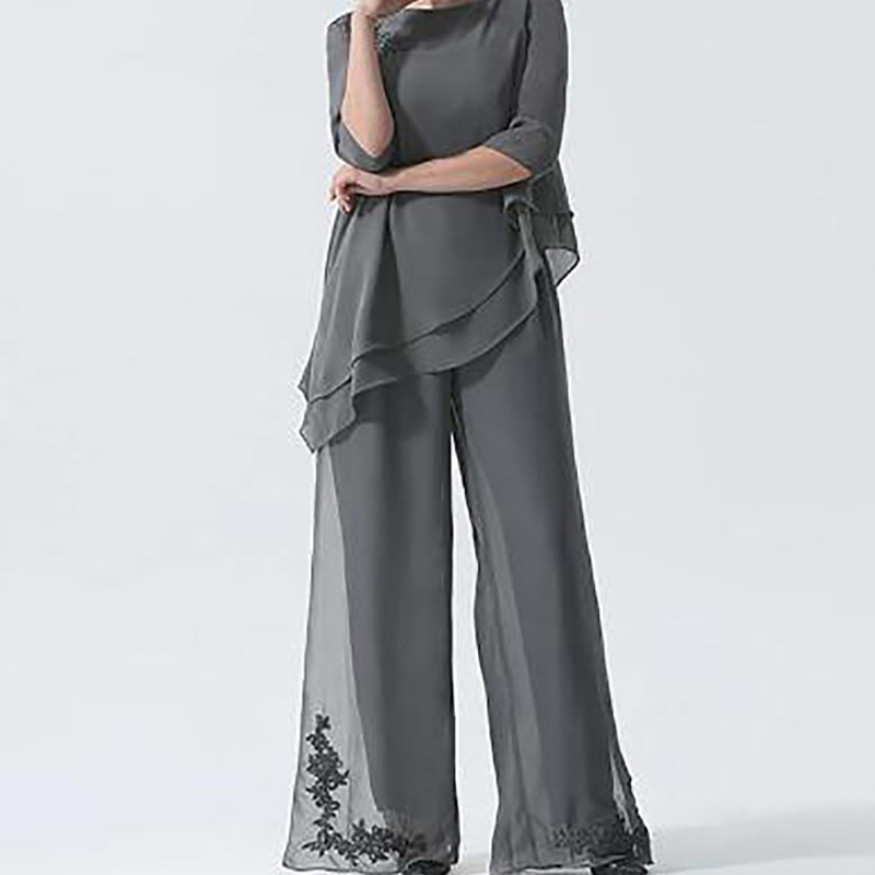 Elegant Grey Mother Of The Bride Pants Suits Chiffon Wide Trousers Half Sleeves Jewel Neck Wedding Party Gowns Stylish Groom Mom Formal Dresses Custom