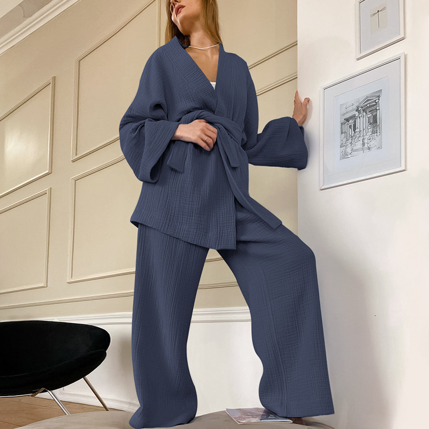 Women's Sleepwear Cotton Women's Nightgown 2 Pieces Set Drop Sleeves Robe Trouser Suits Flare Female Pajamas Summer Bathrobe For Woman Pajam
