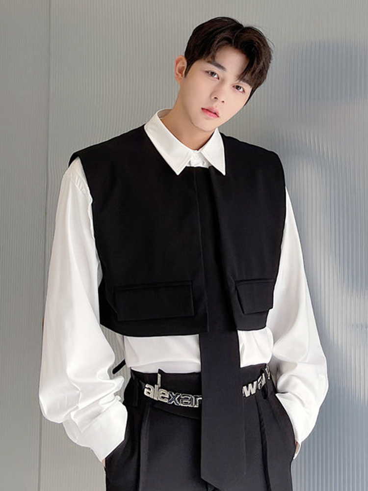 Men's Vests IEFB Personalised Shoulder Straps Decoration Korean Style Loose Slim Male Collarless Casual Vest Fashionable 2023 9A1701 230223