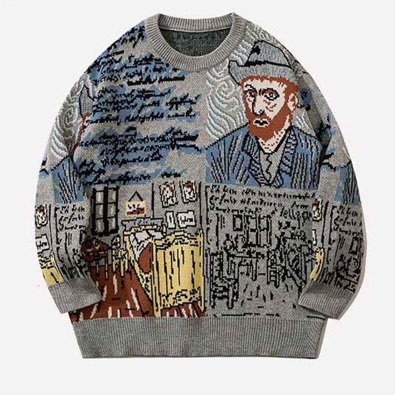 Men's Sweaters High Street Knitted Sweater Men Van Gogh Graffiti Print Cotton Harajuku Loose Padded Pullover Women Streetwear Autumn 230222
