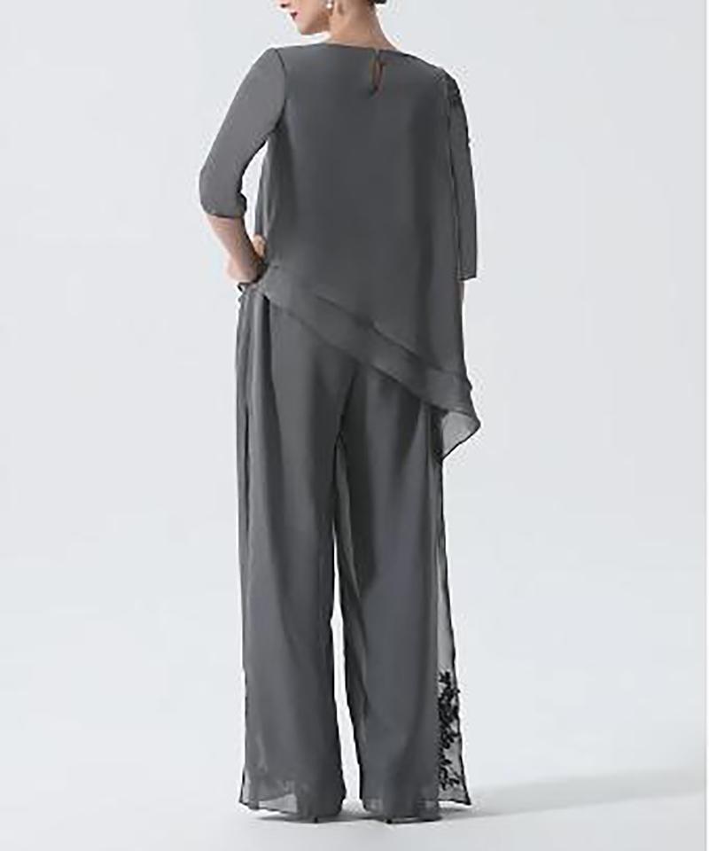 Elegant Grey Mother Of The Bride Pants Suits Chiffon Wide Trousers Half Sleeves Jewel Neck Wedding Party Gowns Stylish Groom Mom Formal Dresses Custom