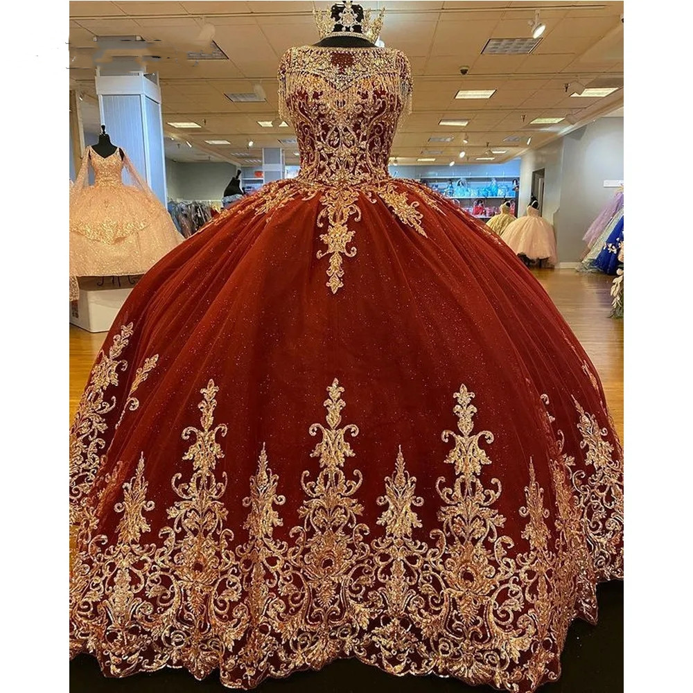 Ball Tulle Red Princess Gown Quinceanera Dresses Gold Lace Appliques Corset Prom Party Gowns Vestido De Anos S