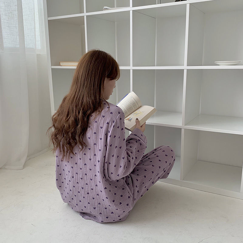 Women's Sleepwear Cotton Sleepwear Korean Pajamas Women Autumn Cute Heart Print Pyjamas Long Sleeve Pijama Female Set Negligee Cardigan Suit 2302