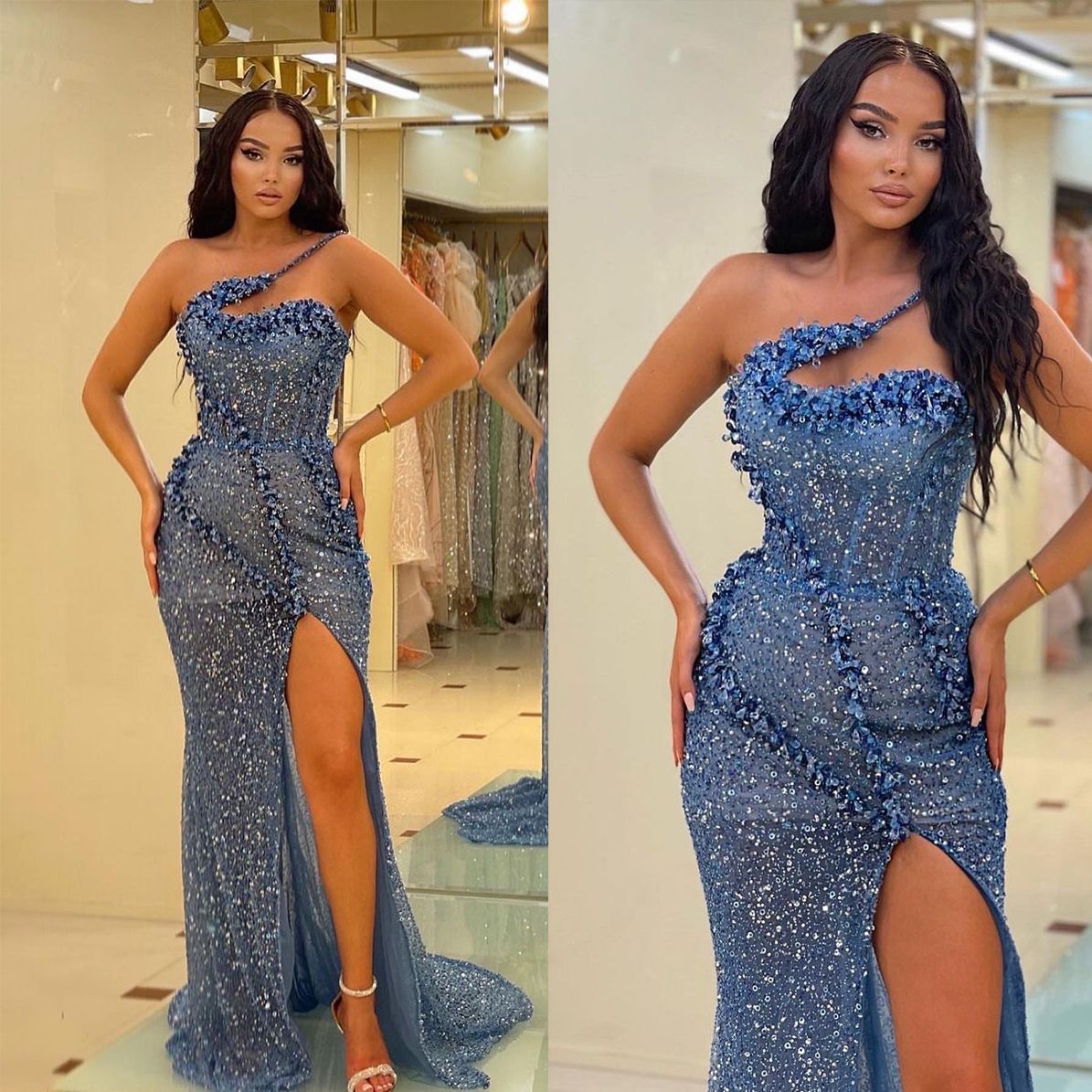 One Shoulder Sequins Mermaid Evening Dresses Fashion Sleeveless Prom Dress High Side Split Formal Party Gowns, Black
One Shoulder Sequins Mermaid Evening Dresses Fashion Sleeveless Prom Dress High Side Split Formal Party Gowns, Black