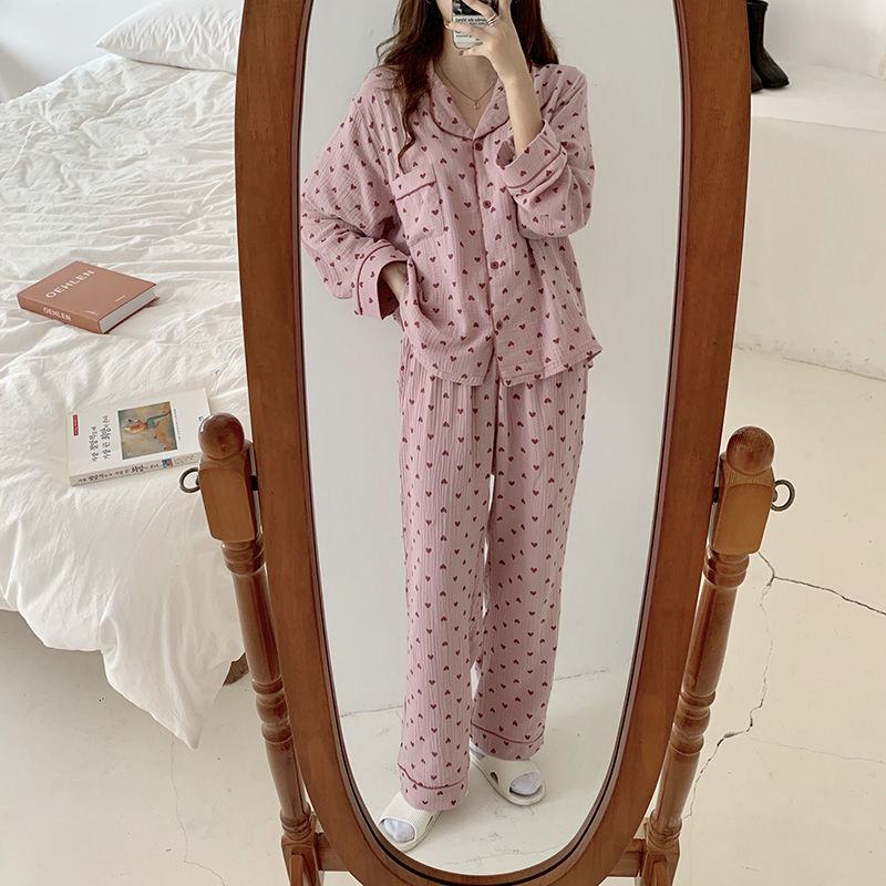 Women's Sleepwear Cotton Sleepwear Korean Pajamas Women Autumn Cute Heart Print Pyjamas Long Sleeve Pijama Female Set Negligee Cardigan Suit 2302