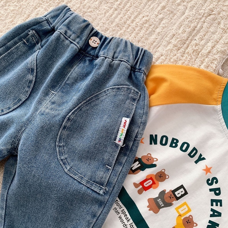Jeans Kids Boy Jeans 0-6Years Children Cargo Denim Pant Solid Color Elastic Waist Loose Trouser Bottom Korea Style Spring Clothes 230223