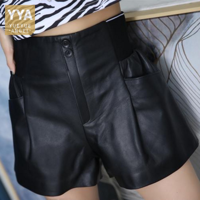 Women's Shorts Summer Women Natural Sheepskin Wide Leg Casual Elastic High Waist Flare Short Trousers Streetwear Genuine Leather 230222