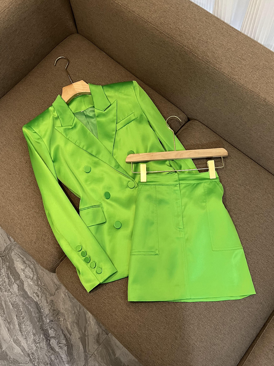 Two Piece Dress Casual Cutting Satin Fashion Office Suit Doublebreasted Blazer A Line Skirt Women Bright Color 2Pcs 230222