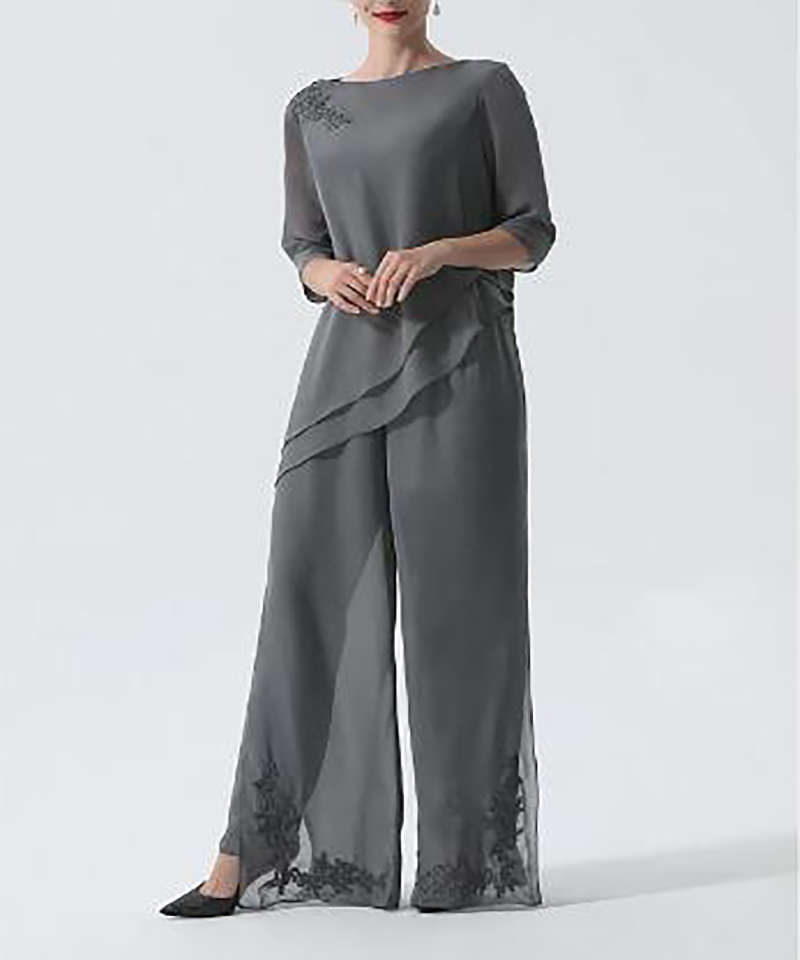 Elegant Grey Mother Of The Bride Pants Suits Chiffon Wide Trousers Half Sleeves Jewel Neck Wedding Party Gowns Stylish Groom Mom Formal Dresses Custom