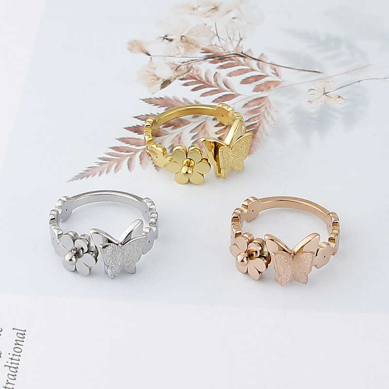 Band Rings New Arrival Beautiful Flower And Frosted Butterfly Ring For Women Stainless Steel Gold Color Jewelry Gift Brand Ring Wholesale G230213