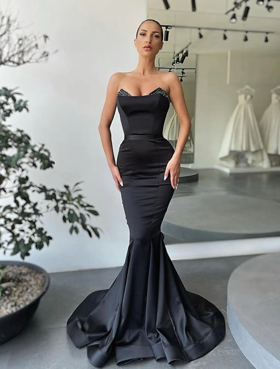 2023 Mermaid Black Evening Prom Dress Sleeveless Strapless Satin Backless Beading Formal Party Gowns Sexy Abendkleider Robe De Soiree