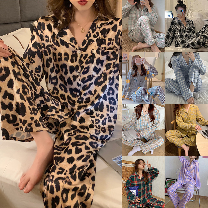 Women's Sleepwear Ladies Autumn Pijamas Women Printed Plaid Pajamas Set Lapel Long-sleeved Trousers 2-piece Home Service Casual Pajamas Sleepwear