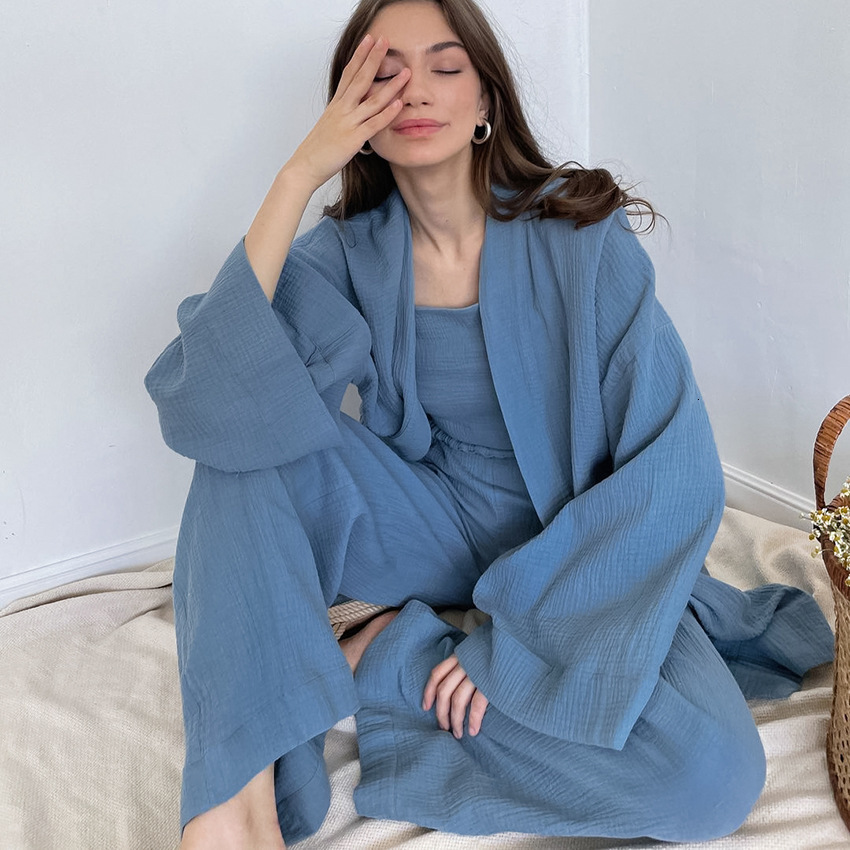 Women's Sleepwear Cotton Women's Nightgown 2 Pieces Set Drop Sleeves Robe Trouser Suits Flare Female Pajamas Summer Bathrobe For Woman Pajam