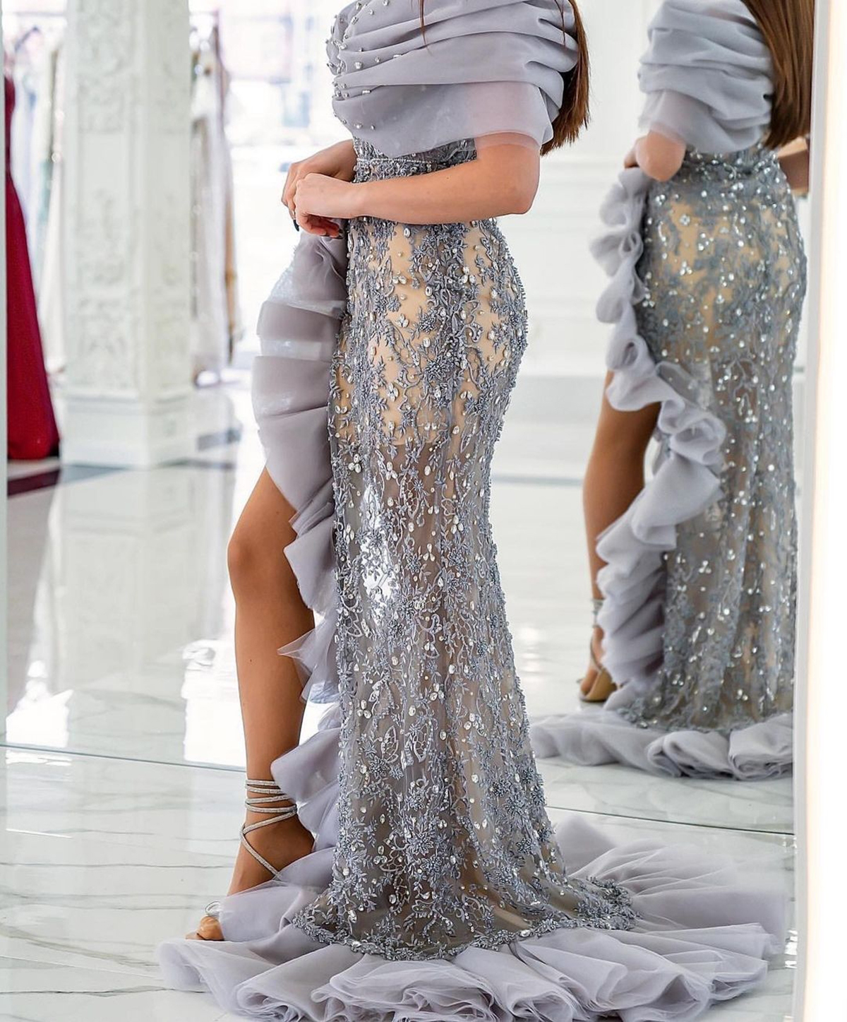 Luxury Beading V Neck Mermaid Evening Dresses Elegant Off The Shoulder Prom Dress Ruched High Side Split Formal Party Gowns