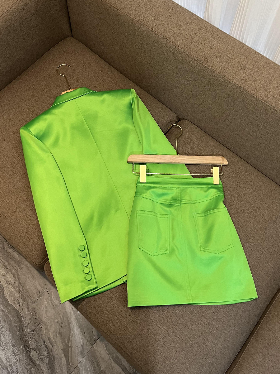 Two Piece Dress Casual Cutting Satin Fashion Office Suit Doublebreasted Blazer A Line Skirt Women Bright Color 2Pcs 230222
