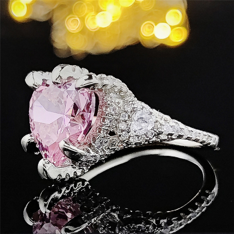Choucong Brand Unique Wedding Rings Luxury Jewelry 925 Sterling Silver Heart Shape Pink Large Topaz CZ Diamond Promise Women Engagement Band Ring For 