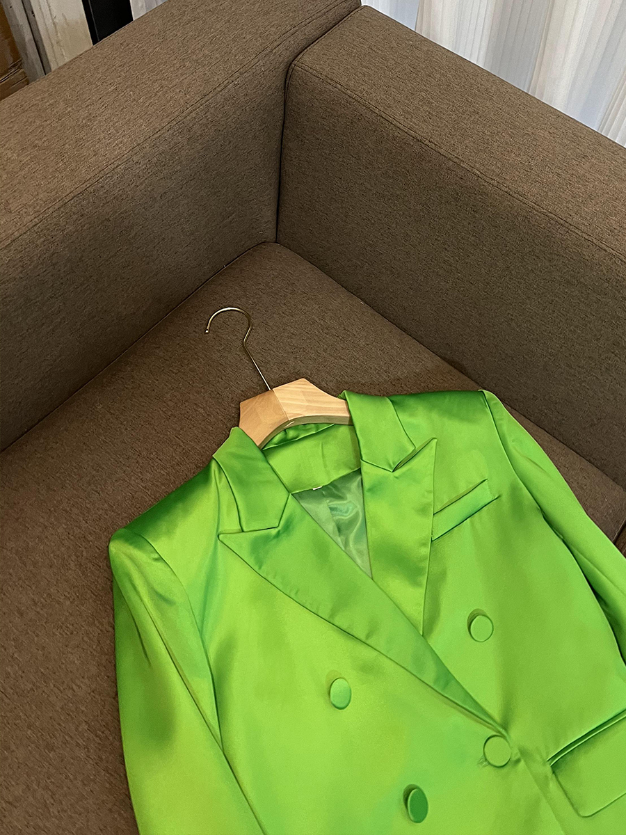 Two Piece Dress Casual Cutting Satin Fashion Office Suit Doublebreasted Blazer A Line Skirt Women Bright Color 2Pcs 230222