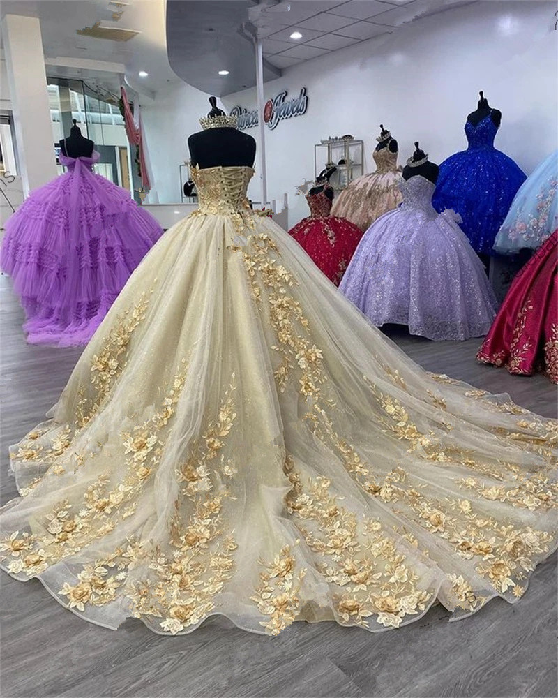 Champagne gold princess Quinceanera Dresses For Girls Beaded Appliques lace-up corset Prom Birthday Dresses Vestido De 15 Anos