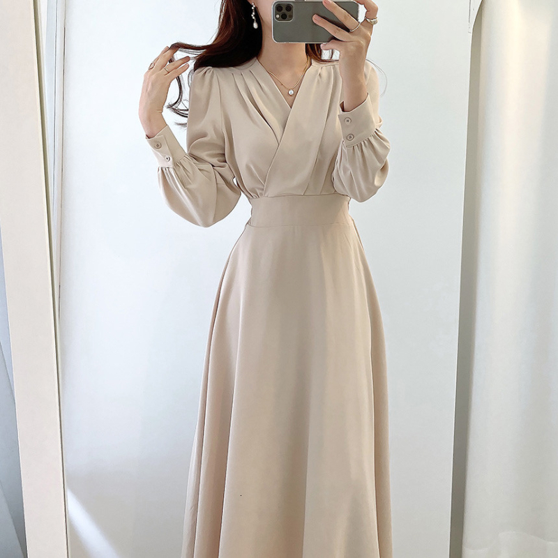 Casual Dresses Harajuku V-neck Puff Sleeve A-line Maxi Dresses for Woman Women Solid Color Midi Robe Korean Office Dresses Elegant Spring 230223