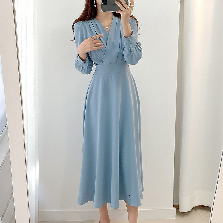 Casual Dresses Harajuku V-neck Puff Sleeve A-line Maxi Dresses for Woman Women Solid Color Midi Robe Korean Office Dresses Elegant Spring 230223