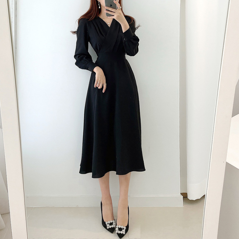 Casual Dresses Harajuku V-neck Puff Sleeve A-line Maxi Dresses for Woman Women Solid Color Midi Robe Korean Office Dresses Elegant Spring 230223