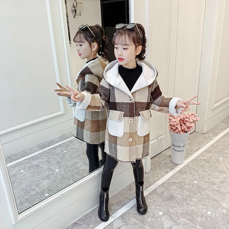 Hoodies Sweatshirts Fashion Girls clothing Jackets Autumn Winter parka Clothes Medium Long coat windbreaker Plaid Thicken Lamb Children Woolen Coats 2