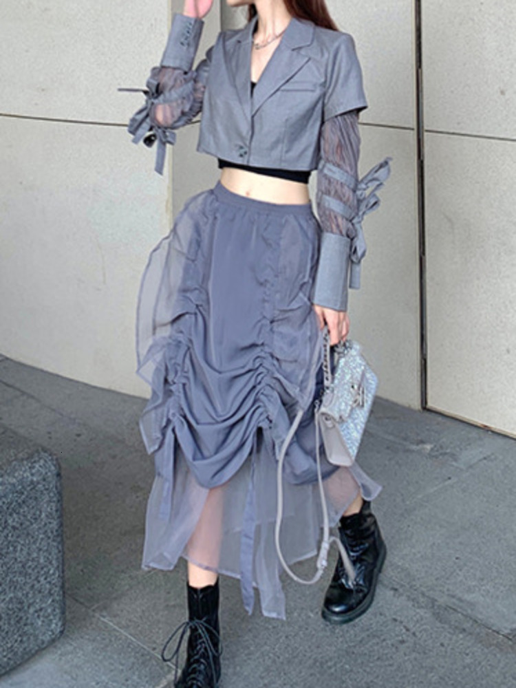 Two Piece Dress DEAT Fashion Women's 2 Pcs Set Notched Collar Single Button Spliced Lace Short Coat High Waist Pleated Skirt Spring 2023 17A6363 