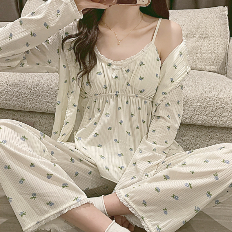Women's Sleepwear Harajpee Pajama Three Piece Set Print Camisole Cardigan with Chest Pad Trousers Homewear Women's Spring Summer Mori Girl S