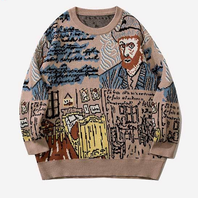 Men's Sweaters High Street Knitted Sweater Men Van Gogh Graffiti Print Cotton Harajuku Loose Padded Pullover Women Streetwear Autumn 230222