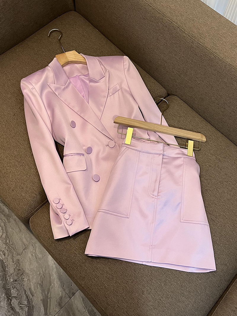 Two Piece Dress Casual Cutting Satin Fashion Office Suit Doublebreasted Blazer A Line Skirt Women Bright Color 2Pcs 230222