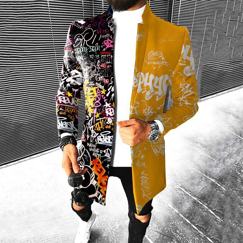Men's Wool Blends Fashion Printing Jackets for Men Autumn Long Sleeve Buttondown Midi Coats Winter Mens Trend Straight Slim Fit Outerwear 230222