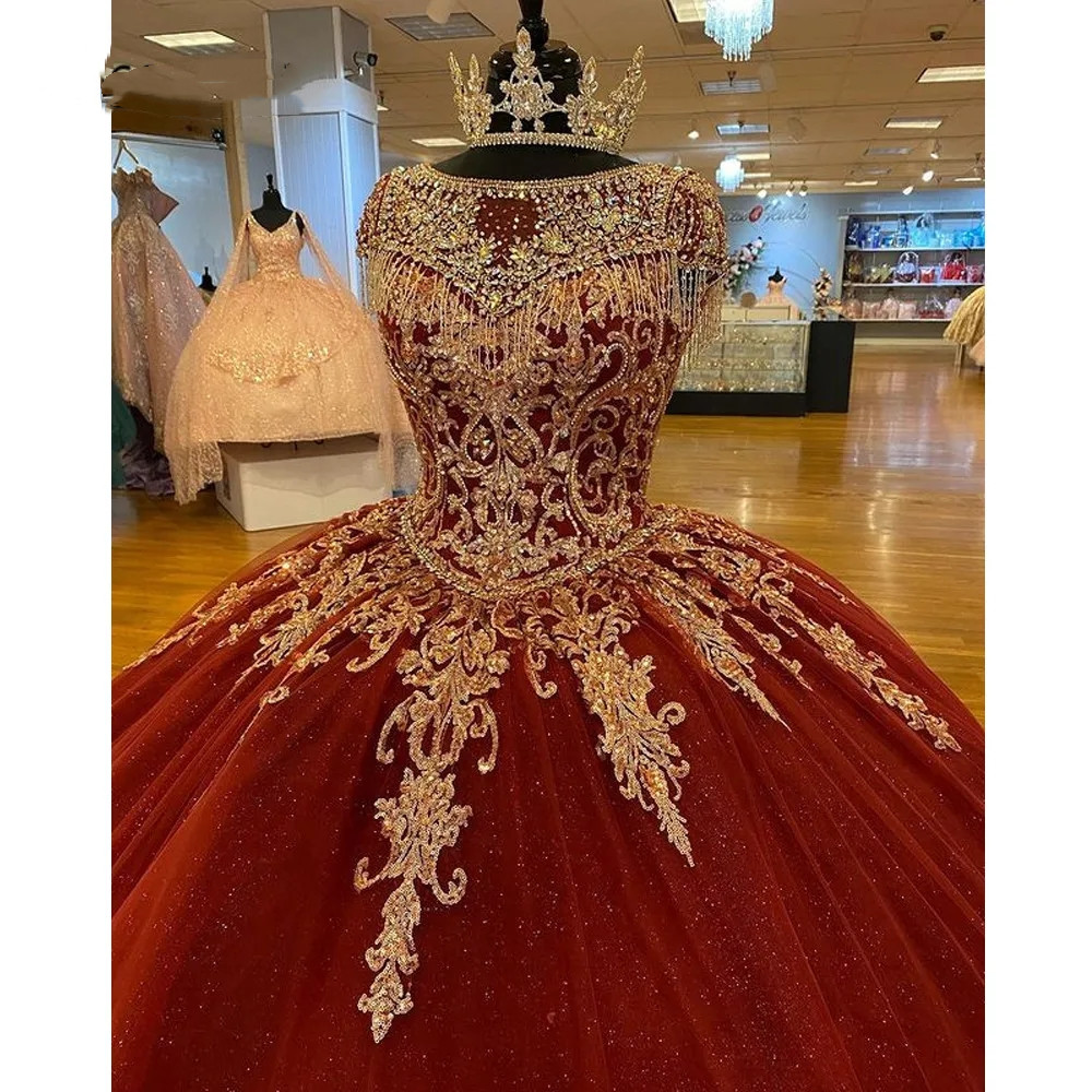 Ball Tulle Red Princess Gown Quinceanera Dresses Gold Lace Appliques Corset Prom Party Gowns Vestido De Anos S