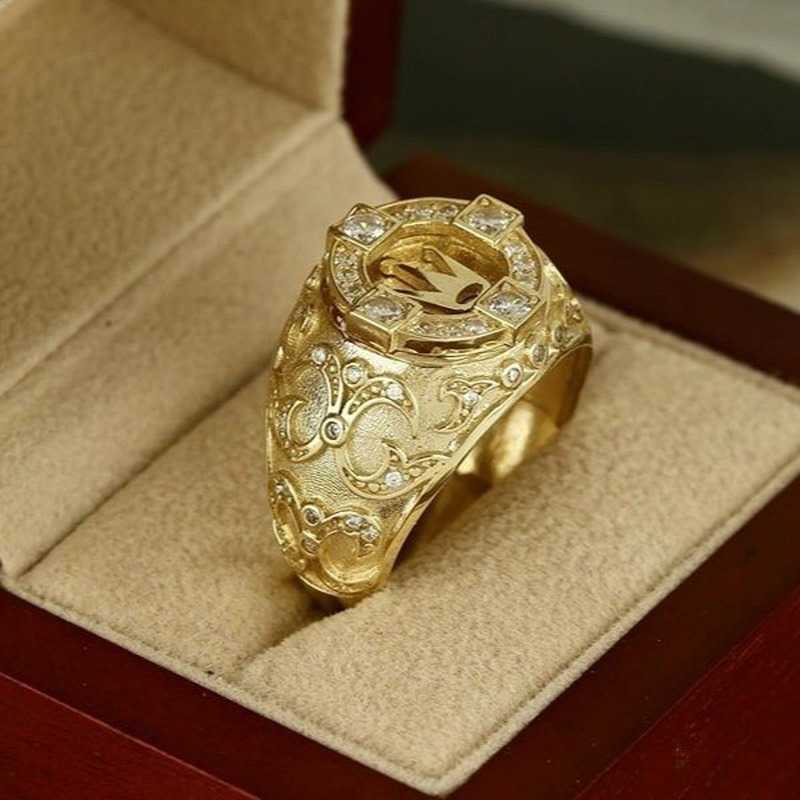 Band Rings Classic Gold Color Rings for Men Gold Colors Inlaid with White Zircon Crown Punk Ring Boyfriend Party Fashion Jewelry G230213