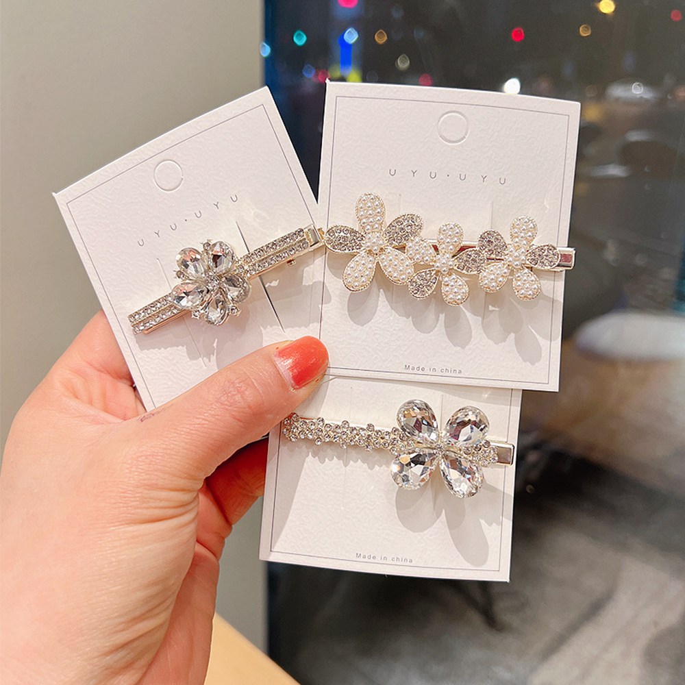 Shimmer Rhinestone Ribbon Metal Hairpin Three Flowers Grab Hair Claw Girls Hair Clip Shark Headdress Hair Accessories 1706