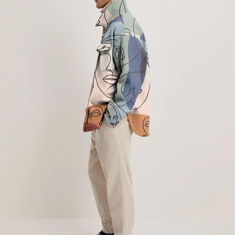 Men's Jackets Men Casual Lapel Trend Print Autumn Shirt Winter Long Sleeve Single Breasted Coat Abstract Line 230223