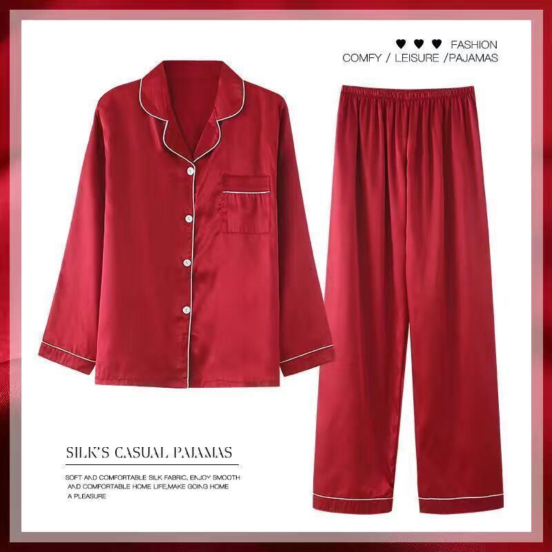 Women's Sleepwear Silk Pajamas Women's Spring and Summer Long-sleeved Trousers Suit Thin Ice Silk Satin Ladies Sexy Home Service Large Size 