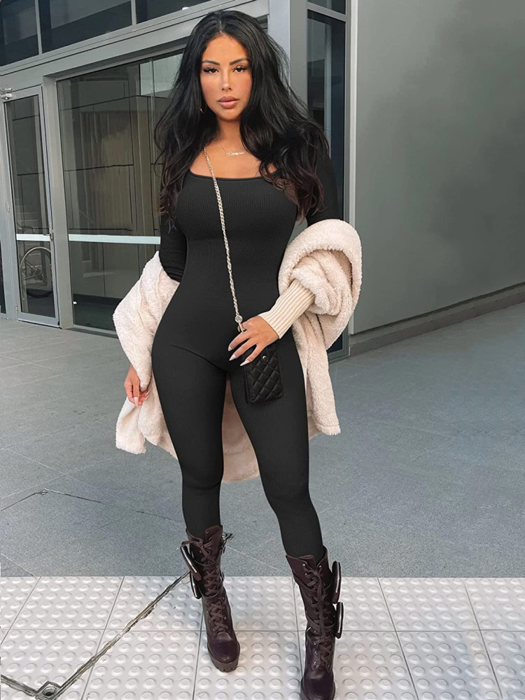 Women's Jumpsuits Rompers Autumn Jumpsuits Women Solid Color Ribbed Long Sleeve U Neck Bodycon Romper Jumpsuits Vintage Sexy Fitness Club Wear 23