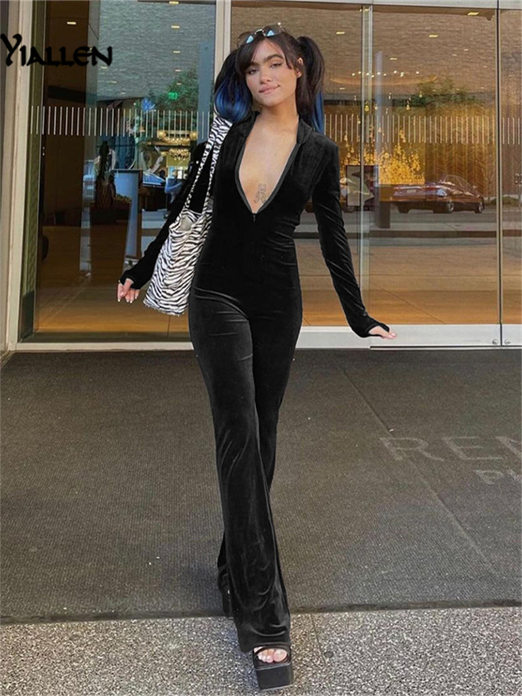 Women's Jumpsuits Rompers Yiallen Autumn Solid Fashion Slim Jumpsuits Women Hooded Long Sleeve Zipper Street Casual Lady Black Long Phant Rompers