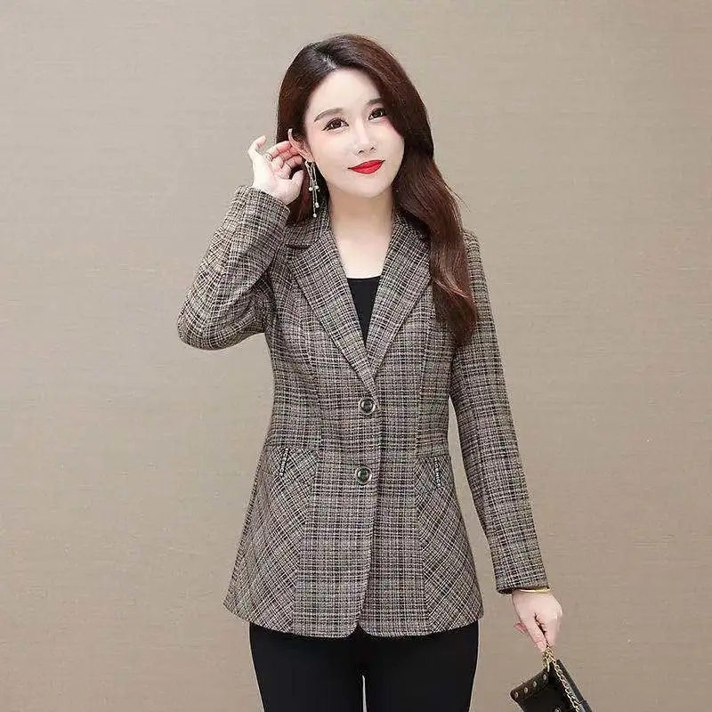 Women's Suits Blazers XL-5XL Spring Women's Jacket Fashion Plaid Long Sleeve Blazer Women Clothes Elegant Ladies Business Office Suit Outerw