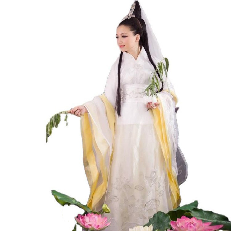 Ethnic Clothing TV Film Ancient White Embroidered Avalokitesvara Clothes Mazu Hanfu Suit Modeling Stage Performance Costume Guan Yin Garment