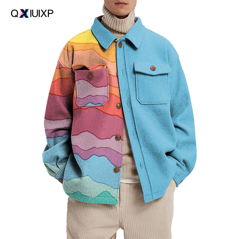 Men's Jackets Men Casual Lapel Trend Print Autumn Shirt Winter Long Sleeve Single Breasted Coat Abstract Line 230223