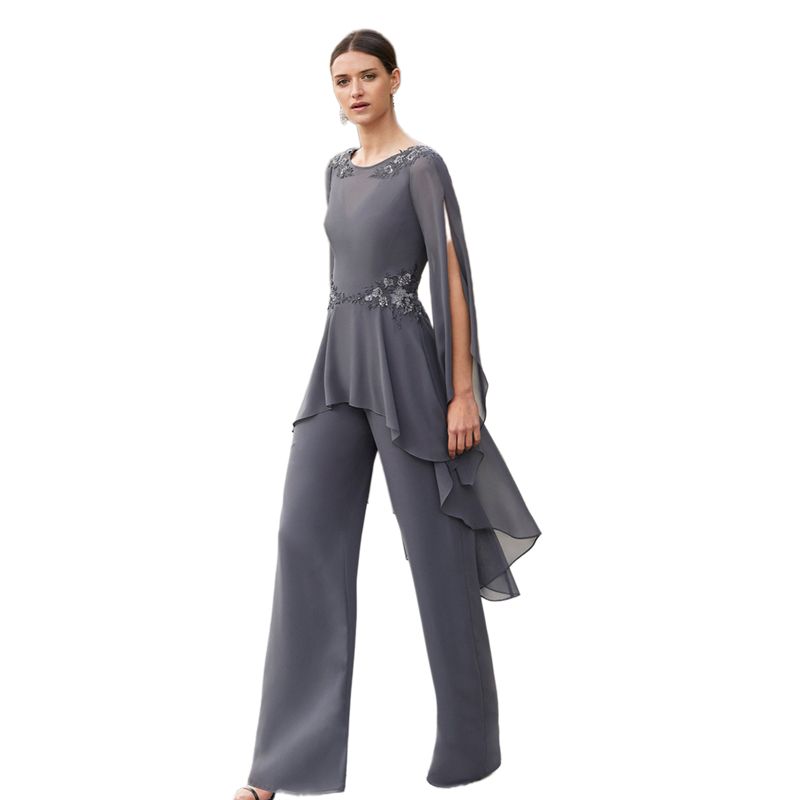 Elegant Chiffon Mother Of The Bride Pants Suits Slit Long Sleeves Boho Wedding Guest Gowns Gray Lace Applique Causal Simple Groom Mom Prom Party Dress