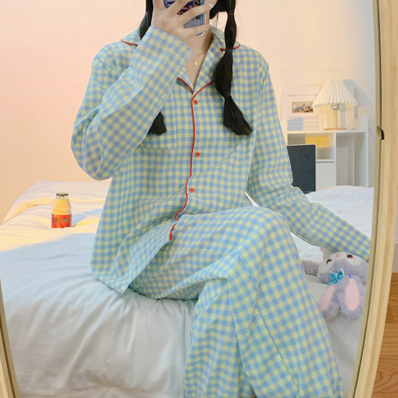 Women's Sleepwear Yasuk Spring Autumn Fashion Women's Casual Lovely Plaid Sleepwear Nightgow Retro Pajamas Set With Pants Trouser Year Soft 