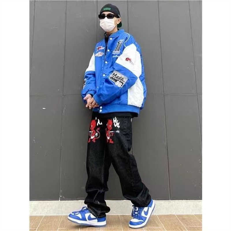 Men's Jeans Y2K Korean Men Women Black Harajuku Cartoon Straight Denim Grunge Trousers Jeans Print Baggy Jean Pants Streetwear Brand Clothes W022