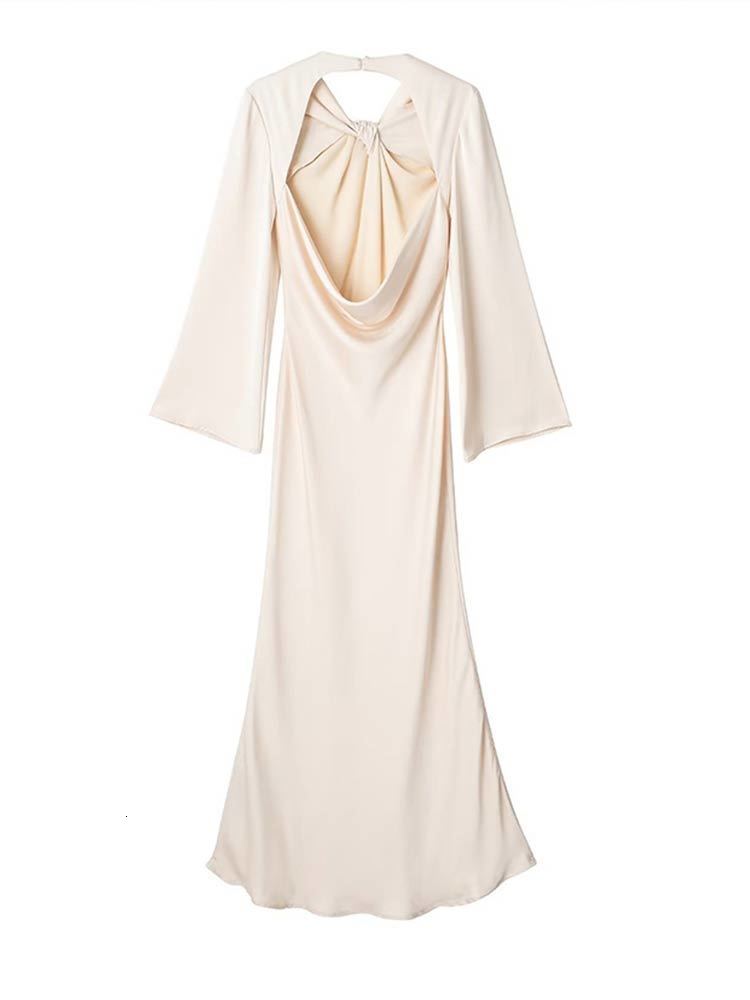 Casual Dresses Women Cut Out Backless Knot Satin Maxi Dress Female Elegant Flare Long Sleeve Autumn Long Dresses Lady Party Streetwear Dress 230223