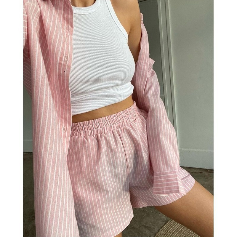 Women's Sleepwear Loung Wear Women's Home Clothes Stripe Long Sleeve Shirt Tops and Loose High Waisted Mini Shorts Two Piece Set Pajamas 230