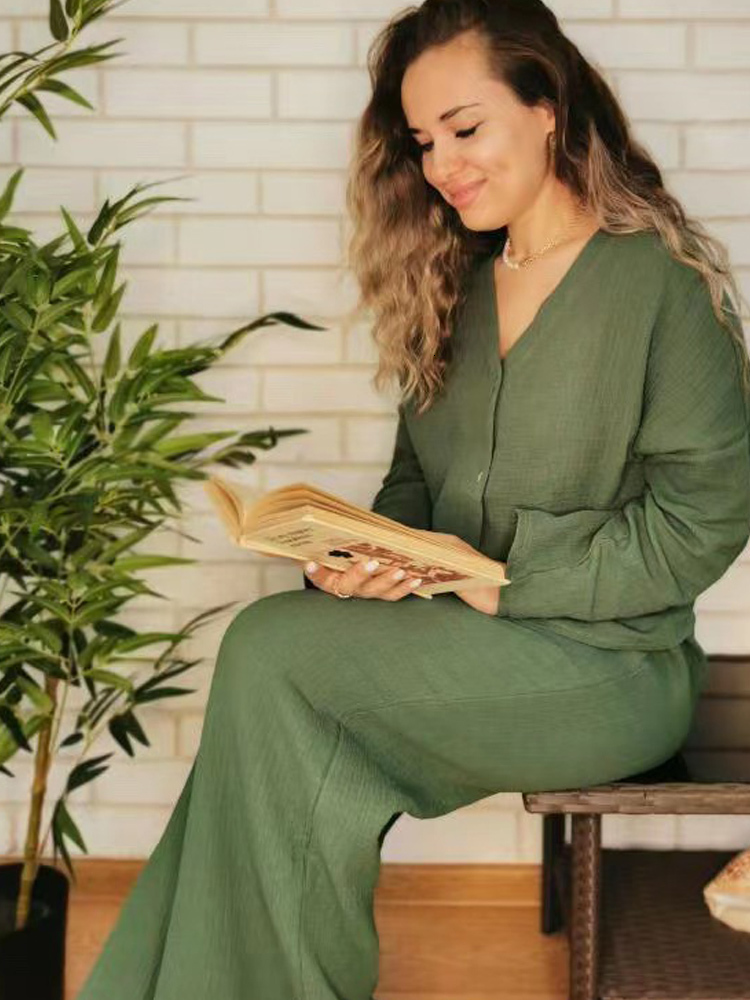 Women's Sleepwear Khaki Pure Cotton Sleepwear V Neck Single Breasted Wide Leg Pants Trouser Suits Drop Sleeves Set Woman 2 Pieces Loungewear 2302