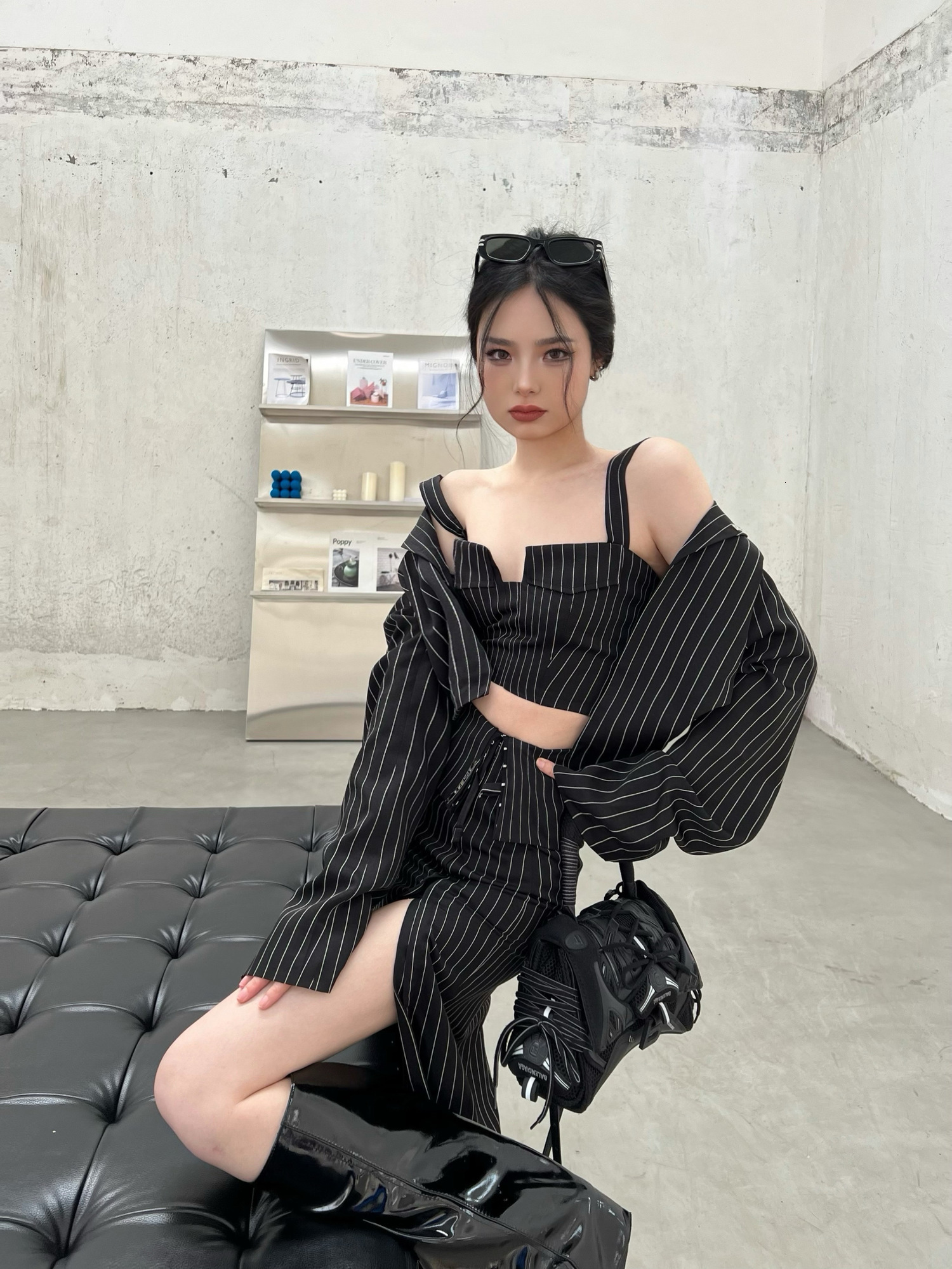 Two Piece Dress European Intellectual Beauty Stripe Sexy Asymmetrical Vest Wrapped Chest Longsleeved Suit Buttoned Skirt Threepiece Set 230222